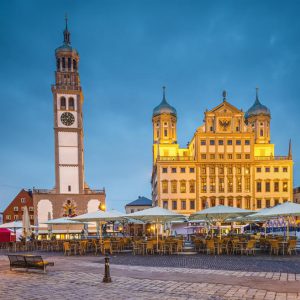 Augsburg, Germany townscape at Rathausplatz Plaza.